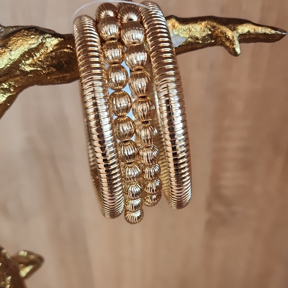 Women's Textured Beaded Gold Ribbed Stretch Water-Resistant Bracelets Set of 4 - Picture 3 of 6
